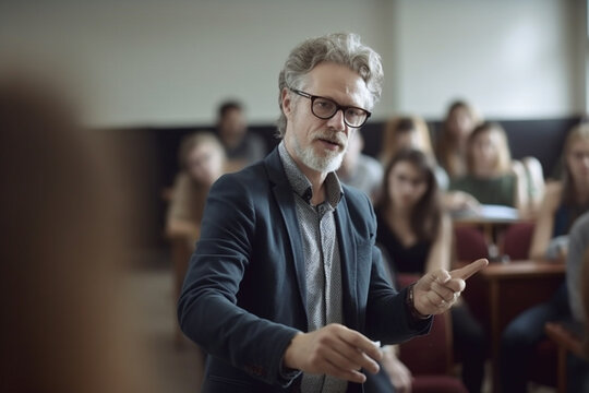 professor teaching at the lecture, many students , Generative AI