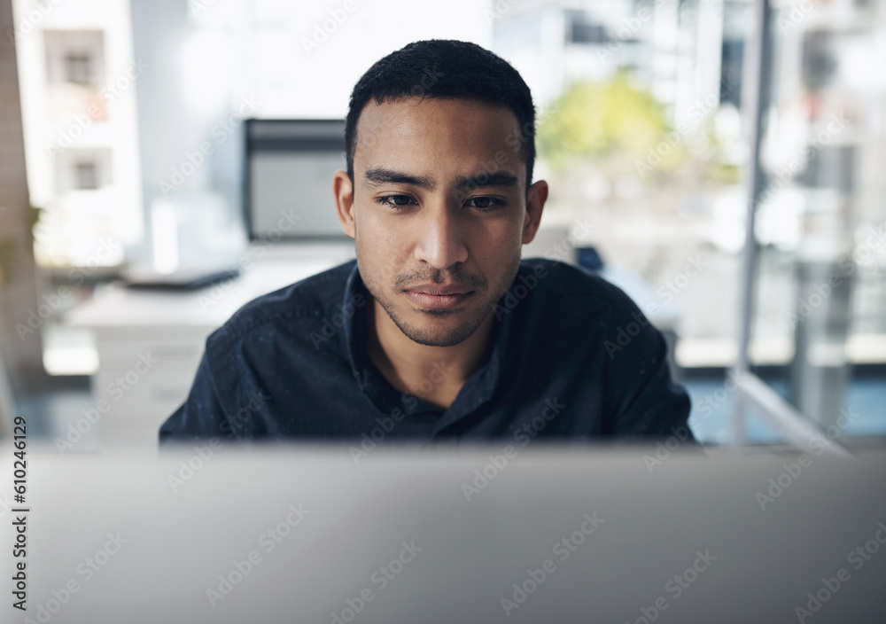 Poster Computer, focus and business man reading online for information technology, software development and web code. Coding, programming and IT person or worker on desktop pc for system review or check