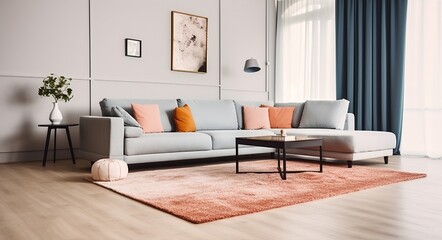 Modern living room interior with sofa and carpet. Generative AI