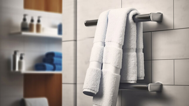 Clean towels on rack in bathroom. Generative AI