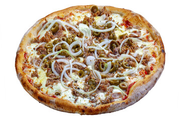 Mozzarella pizza, olives, onion, tomato sauce and shredded meat
