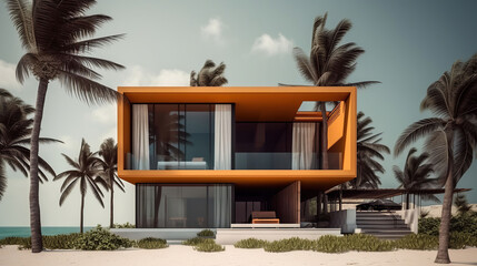 Beautiful modern house with textile facade at the beach with palm trees. Generative AI