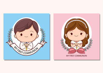 First communion card template for girl and boy vector illustration design. holy communion