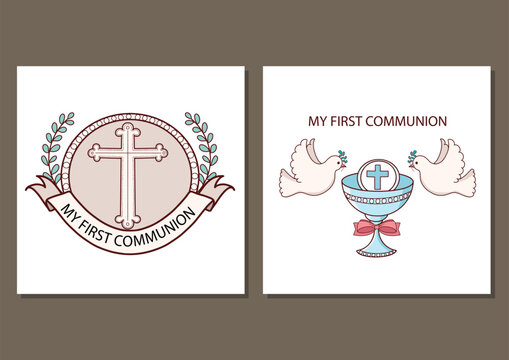 First communion card template vector illustration design. holy communion