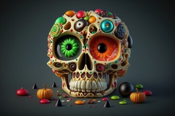 Traditional sweets with a skull for Halloween, generative AI.