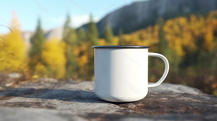 Blank enamel coffee cup mockup, empty camping mug in wild nature. Generative AI