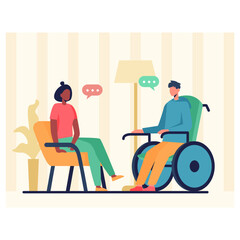 Young man on wheelchair sitting near woman in armchair and talking. Female visit friend, talking and spending time at home. Support disabled people. Flat vector illustration