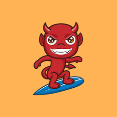 cute cartoon devil playing surfing