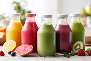 smoothies in glass bottles from colorful fruit and vegetable on the white wooden kitchen table, Generative AI