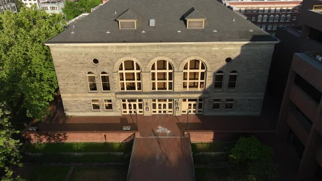 Aerial shot pulling away from Seattle Central College's Broadway Performance Hall.