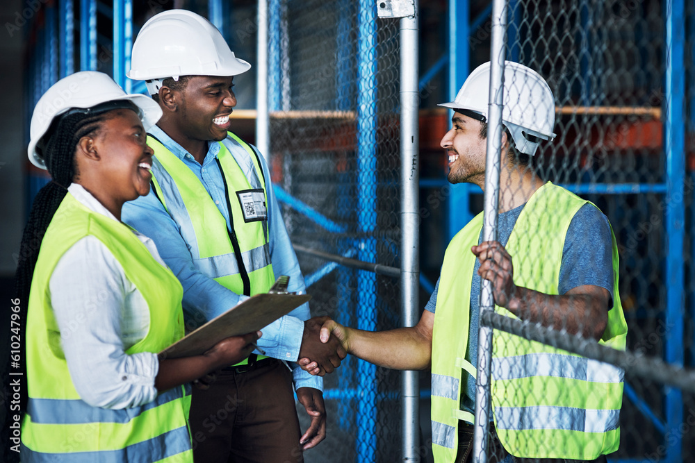 Aufkleber contractor, team and shake hands at a warehouse for hiring and collaboration at a building company. 