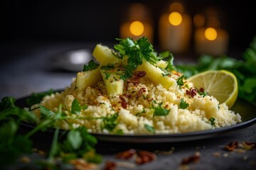 heaping plate of cauliflower rice with herbs, lemon, and chili flakes