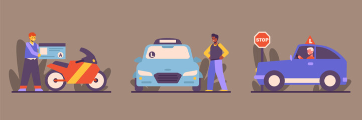 People learn to drive vehicles. Set of illustrations about driving school. Young man gets motorcycle license, male character tries to drive car. Driving test
