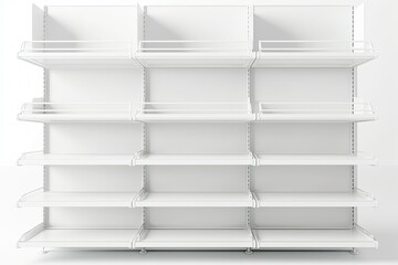 White metal store shelves front view. Empty shelves for product placement. Generative AI
