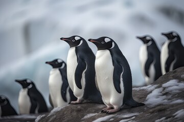 Plakat A flock of little penguins stand on a rock at the North Pole. Generative AI