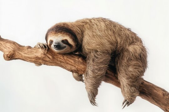 Sloth lies and rests on a big branch isolated on white background. Generative AI