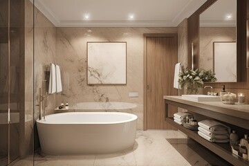 Fototapeta na wymiar Modern bathroom interior with granite walls and floor in beige style. Generative AI