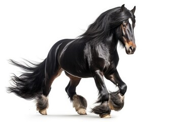 Fototapeta na wymiar Beautiful black horse of friesian breed galloping isolated on white background. Generative AI