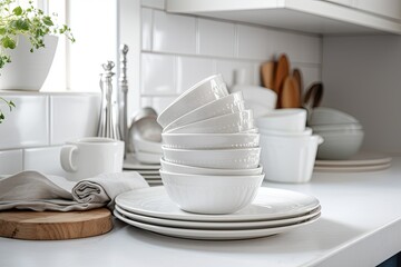 Fototapeta na wymiar Clean kitchen utensils on a modern white home kitchen. Generative AI