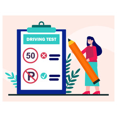 Female character takes driving test. Woman tests her knowledge of traffic rules. Theoretical exam at driving school. Knowledge of road signs. Color vector illustration in flat style