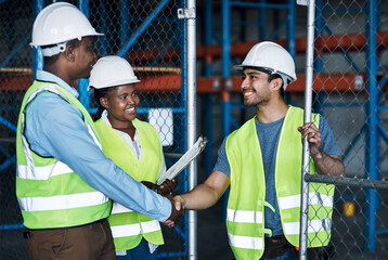 Builder, agreement and construction hand shake for partnership and meeting for a job. Contractor,...
