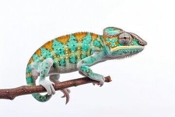Multi-colored chameleon in full growth sits on a branch on a white background. Generative AI