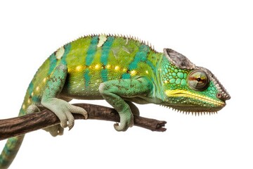 Fototapeta premium Tropical green chameleon on tree branch isolated on white background. Generative AI