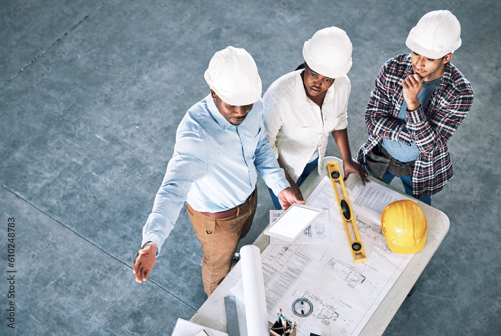 Poster business people, architect and blueprint in meeting for construction, planning or collaboration with
