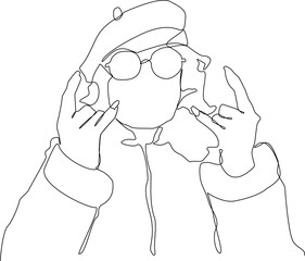 Vector illustration of modern grandma making rock sign on line