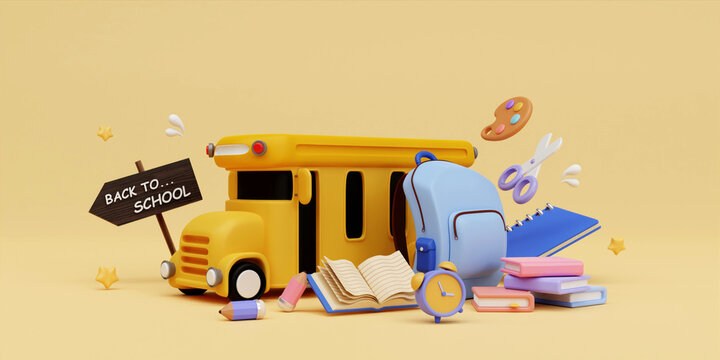 3d School bus with school accessories on yellow background. back to school. Ready for school concept. 3d rendering illustration.