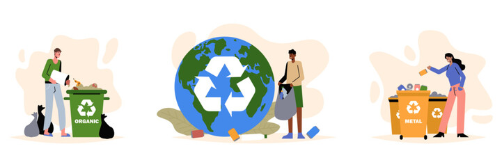 Set of different people sorting organic and metal garbage around world. Help planet, green environment concept. Recycling of various products. Colorful vector illustration in flat design