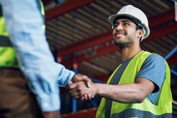 Happy man, architect and handshake for construction, building or hiring in teamwork or partnership on site. Business people shaking hands in recruiting, architecture agreement or contractor deal - obrazy, fototapety, plakaty