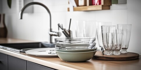 Efficiency in Action, Organized Clean Dishes by the Kitchen Sink on the Counter. Generative AI