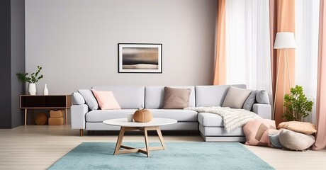 Modern living room interior with sofa and carpet. Generative AI