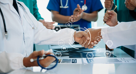 Team Doctors nurses union coordinate hands Teamwork Concept in hospital for success and trust in the teamwork..