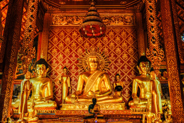 Golden Buddha Statue with Mediation Posture in Thai Temple, Buddhist, Religion