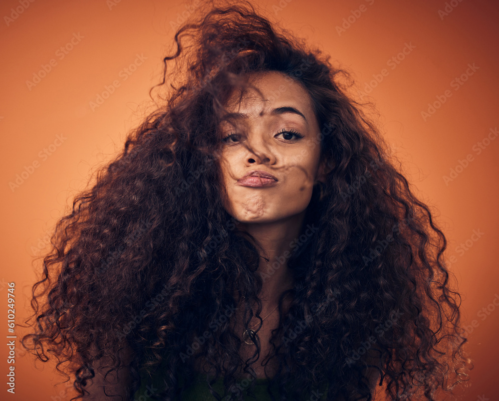 Sticker Portrait, beauty and woman with hair care, curly and volume against a studio background. Face, female person and model with salon treatment, wavy and grooming with cosmetics for hairstyle and growth