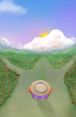 hiker in the trail path  going to the cloudy mountains at summer morning illustration