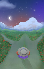 hiker in the trail path  going to the cloudy mountains at night illustration