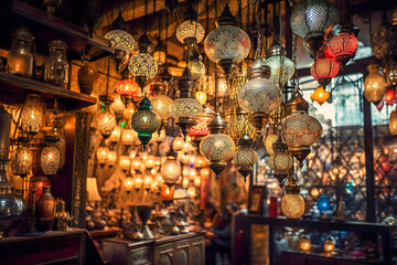 Fototapeta na wymiar Metal filigree lanterns in a middle east bazaar. Oriental artwork and craft. Created with Generative AI technology.