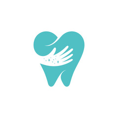 Dental health care logo with hand and tooth shape concept
