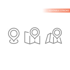 Location pin and map line vector icon set. Address outline symbol.
