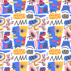 Modern abstract pattern with geometric shapes resembling a woman's face Avant-garde, fantasy, collage. Texture with dots, circles. stripes. Line. For textile design, invitations, postcards, paper.