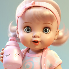 Cute Baby Doll Holding Baby Bottle AI Generated
