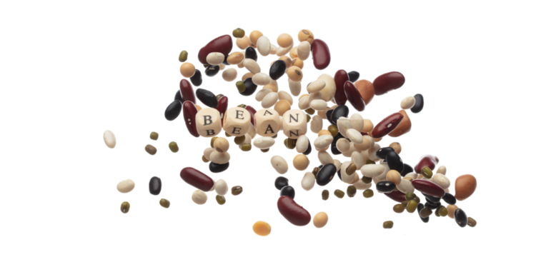 Alphabet letter wording "Bean" bead toy flying over explosion flying in air. Bean word alphabet letter show multi grain color difference of beans. White background isolated.