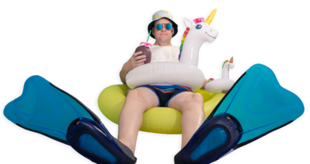 Pool Party Fun: Man with Sunglasses, Flippers, and Unicorn Float, Coconut in Hand