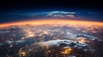 Photo de la planète terre de nuit avec effet de lumière des villes représentant la présence technologique de l'homme