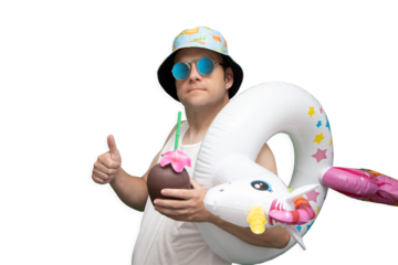 Summer Adventure: Man Enjoying the Sun with Unicorn Float, Sunglasses, Hat, and Snorkeling Gear