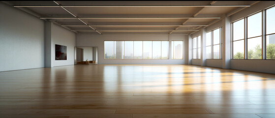 Interior empty white room with panorama windows and wooden brown parquet. Copy space. Modern design stylish apartment. Generative AI
