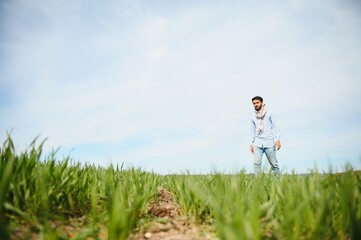 An Asian farmer stands in a rice field.